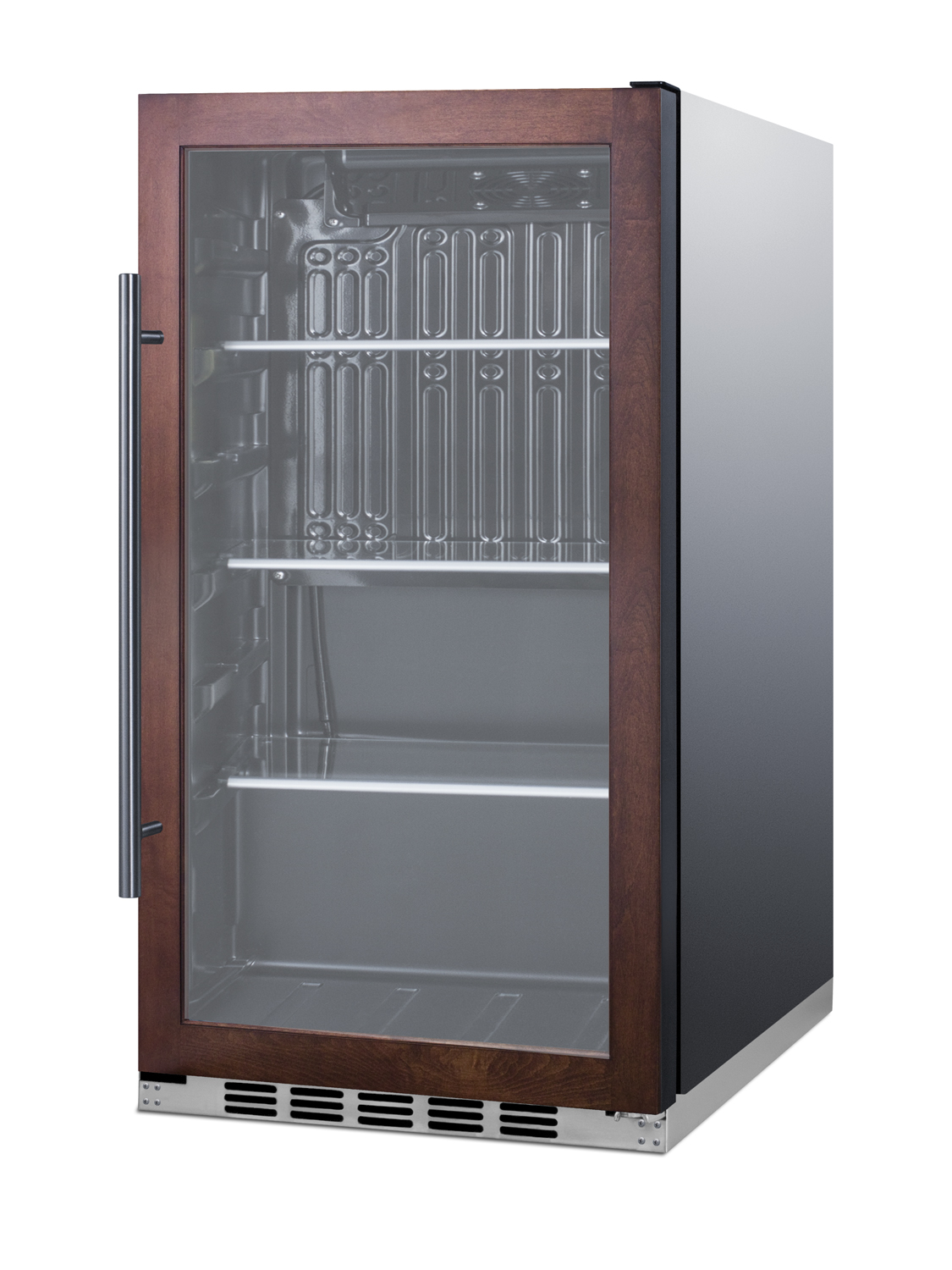 Commercially approved indoor/outdoor beverage cooler for built-in or freestanding use with a shallow 17.75